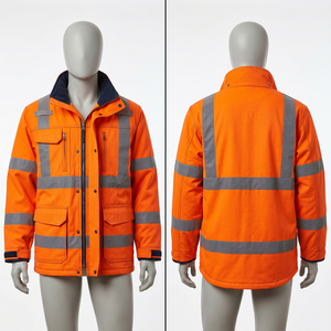 Veste de travail en twill de coton polyester premium 300 GSM, orange, avec panneau réfléchissant haute visibilité, broderie personnalisée, impression de logo - Product Image 2