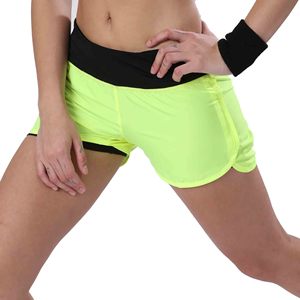 Shorts de course pour femmes jaune fluo taille haute avec poches, séchage rapide, shorts de sport, taille élastique, tissu tricoté - Product Image 2