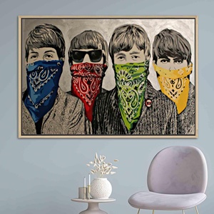 Elegant Printed <b>Canvas</b>: Banksy Bandanas Artwork & The Beatles Fusion,1P:Gold <b>Framed</b> - Product Image 1
