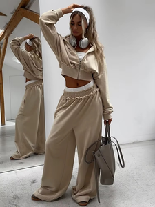 Ensemble 2 pièces pour femme, survêtement décontracté, fermeture éclair, respirant, tricot, veste courte à capuche + pantalon droit assorti, streetwear - Product Image 3