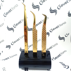 SEVETLANA - Ensemble professionnel de 3 pinces à épiler pour extensions de cils russes, qualité supérieure, dorées, pointues, emballage personnalisé, en acier inoxydable - Product Image 4