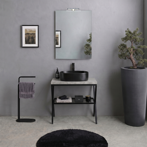 Mobiletto da Bagno Koricini Manchester 60cm con Ripiano in Vetro e Top in Cemento & Specchio 60x80cm - Metallo Nero - Product Image 1