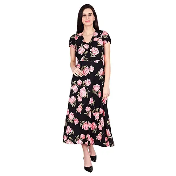 2023 Spring and summer new arrival 100%viscose navy&red round neck colourful women's floral printing long dress