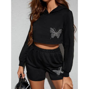 Vêtements de sport pour femmes ensemble 2 pièces taille haute à manches longues cordon haut court pull à capuche et short léger tricoté Style mignon - Product Image 1