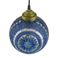 Lustre suspendu rond indien en mosaïque bleue, luminaire artisanal en verre, lanterne décorative
