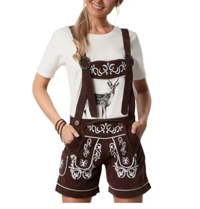 Lederhosen en daim marron de style bavarois pour femmes avec broderie blanche et décoration de boutons longueur genou - Product Image 1