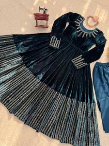 Emerald Green Velvet Anarkali Gown with Heavy Golden Embroidery Designer Party Wear Velvet Long Flared Gown for Women - Product Image 3