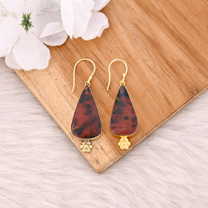 Boucles d'oreilles pendantes en laiton plaqué or de style classique faites à la main avec pierre précieuse jaspe café, boucles d'oreilles longues ovales, fabricant en gros - Product Image 2