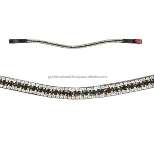 Bandeau de tête pour cheval en cuir noir grain supérieur, forme ondulée, avec cristaux noirs et transparents, chaîne métallique à 3 rangs, prix de gros - Product Image 1