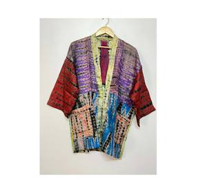 มัดย้อม, เสื้อคลุมกิโมโนสั้น, เสื้อคลุมผ้าไหมบริสุทธิ์, เสื้อคลุมผ้าไหมมัดย้อม, เสื้อคลุมผ้าไหมผู้หญิง, กิโมโนย้อมมือผูก, กิโมโนหลากสี - Product Image 1