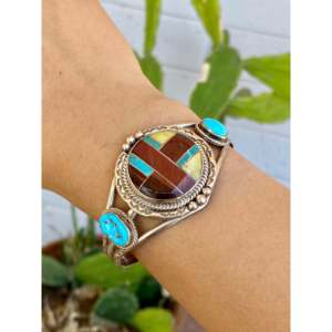 Navajo Handmade Fashion <b>Cuff</b> <b>Bracelet</b> with Multi-Stone & Sterling <b>Silver</b> Inlay - Product Image 2