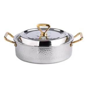 Standard Designer Heavy Duty Metal <b>Silver</b> Shiny Polished Hammered Texture Food Serving Casserole With Gold Plated Handles - Product Image 1