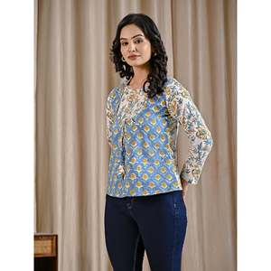 เสื้อผู้หญิงผ้าฝ้ายสีน้ำเงินพิมพ์ลายบล็อกด้วยมือ ทรงเอซิมเมตริก ระบายอากาศได้ดี ผ้าป๊อปลิน ปักลายดอกไม้ ไซส์ XS-XL เหมาะสำหรับใส่ทำงาน - Product Image 5