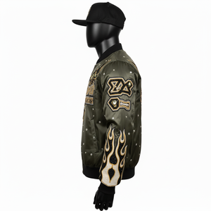 Premium Satin Bomber <b>Jacket</b> Olive <b>Green</b> Embroidered Eagle Design with Rhinestone Detailing Custom Logo Satin <b>Jacket</b> For <b>Men</b> - Product Image 2