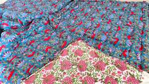 Hand Block Printed Cotton Quilt Floral Razai Reversible <b>Blanket</b> Bedding - Product Image 2