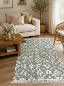 Tapis d'intérieur en coton tissé à la main, vert sauge, motif géométrique aztèque, avec franges, pour salon, décoration intérieure - Product Image 3
