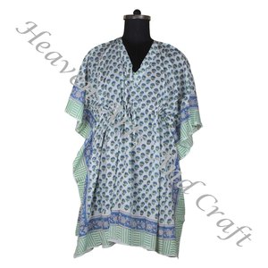 100% algodón Mujer ropa de dormir bloque de mano estampado Kaftan vestido KFCS158 peso ligero mujeres Casual ocasión desgaste corto caftán vestidos - Product Image 5