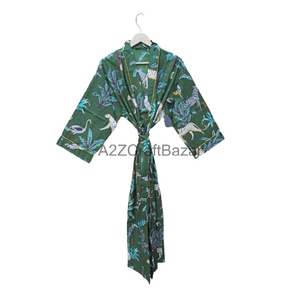 Handmade Green Floral Front Logo V-neck Pure Cotton Kimono Robe New Arrival Women's Daily Life Summer Spring Hand Printed - Product Image 1