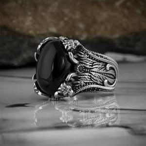 Anillo Azuris turco de plata de ley 925 para hombre, joyería de estilo otomano, piedra natural negra, hecho en Turquía, VALKH1410 - Product Image 1