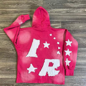 400Gsm Custom Applique Patch work Broderie Crop Hoodie Zip up Sweatshirt Acid Wash Vintage Washed Men Fleece Streetwear Hoodie - Product Image 2