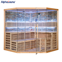Sauna infrarouge commercial grand format pour 8 personnes avec bacs à vapeur optionnels, cabine en verre d'angle et filtre traditionnel