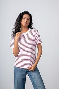 Camiseta básica de manga corta con cuello a rayas para mujer, 100% de algodón, ecológica, antibolitas, ropa informal de verano bordada - Product Image 2