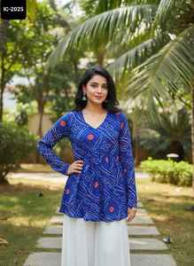 Indian Daily and Festival Wear Ready to Wear Short Fancy Pure Georgette Kurtis with Bandhani Print with Plus Size Available - Product Image 2