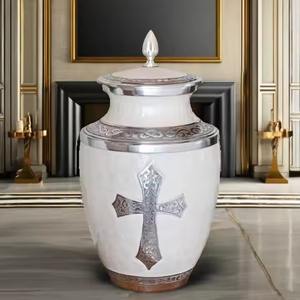 โกศบรรจุอัฐิโลหะทำมือ ลายกางเขน สีขาว ขนาดใหญ่ ความจุ 220 ปอนด์ สำหรับผู้ใหญ่ ใช้สำหรับงานศพ - Product Image 3