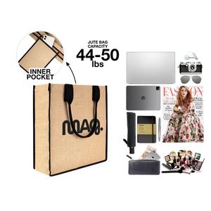 Custom Eco-Friendly Jute Tote <b>Bag</b> Black PVC Handles 14 X 16 X 4 Inches Durable Medium for Daily Use Food Advertising <b>Long</b> Letter - Product Image 4