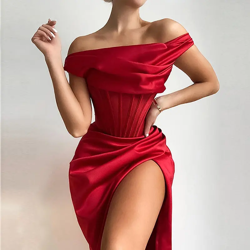 71326 #2022 Baru Mode Wanita SATU Bahu Sisi Celah Korset Mini Dress Patchwork Bodycon Seksi Pesta Elegan Clubwear