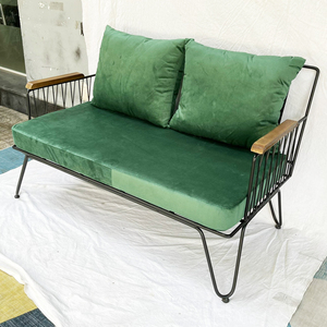 Sofá Biplaza Cuadrado de Cuero Genuino con Cojines Tapizados en Azul y Estructura de Hierro - Product Image 4