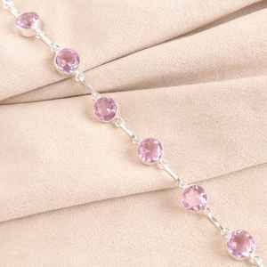 Pulsera de eslabones de Plata de Ley 925 con piedras preciosas de kunzita rosa para mujer, conjunto de bisel redondo, regalo de joyería hecho a mano a precio mayorista - Product Image 4