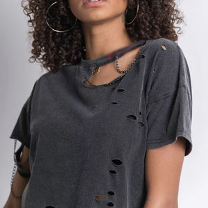 T-shirt tricoté décontracté vintage pour femme, délavé à l'acide, de haute qualité, à épaules tombantes, style streetwear, respirant, écologique, été - Product Image 2