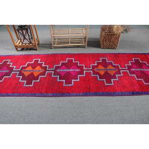 Vintage Rug, <b>Runner</b> 3x10.2 ft Turkish Rug, <b>Red</b> Camouflage Wool Rug - Product Image 3