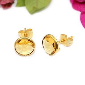 Unique Fashion Swiss Blue Hydro Quartz Round Shape 8 MM 24K Gold Plated Bezel <b>Stud</b> <b>Earrings</b> For Women Wholesale Jewelry Party - Product Image 6