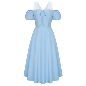 Personnalisé femmes Vintage épaule froide <span class=keywords><strong>robe</strong></span> à manches courtes maille Patchwork A-ligne 1940S épaule froide balançoire robes pour les femmes - Product Image 3