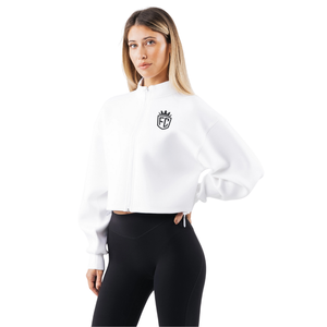 Veste courte zippée blanche pour femme, manches longues, coupe structurée, style athleisure minimaliste - Product Image 3