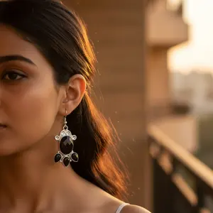 14k <b>Gold</b> and 925 Silver <b>Black</b> Onyx Drop <b>Earrings</b> with Diamond Wedding Gift Jewelry for Women - Product Image 1