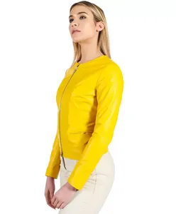 Veste en cuir véritable jaune pour femme, sans col, col rond, fermeture éclair sur le devant, en peau de mouton, style motard, personnalisée, élégante, coupe ajustée, vêtement d'extérieur - Product Image 3