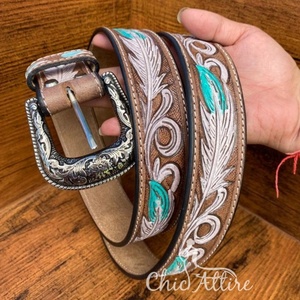 เข็มขัดหนังแท้สำหรับผู้ชายและผู้หญิง, เข็มขัดลายดอกไม้ทำด้วยมือแบบตะวันตกเข็มขัดคาดเอวหนังแท้ - Product Image 1