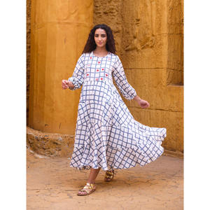 Cotton Solid Maxi <b>Dress</b> <b>with</b> Puff <b>Sleeves</b> Collarless A-Line Regular Fit Embroidery Breathable Asymmetric Casual <b>Summer</b> for Women - Product Image 2