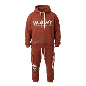 Heavy <b>Fleece</b> Two Piece Tracksuit DTF Print Pullover Hoodie Cargo <b>Joggers</b> 420 GSM Burnt Sienna Custom Logo - Product Image 1