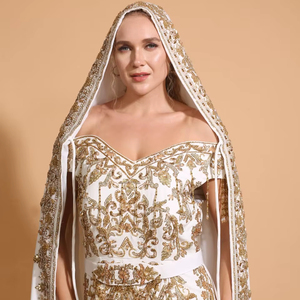 Robe de caftan brodée or blanc royal fait à la main silhouette droite style fête 3D logo avant belle broderie 3D - Product Image 1