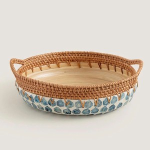 Handwoven Bamboo Rattan & <b>MOP</b> Inlay Decorative Serving Bowl With <b>Handles</b> For Dining Table And Party Food Display - Product Image 1