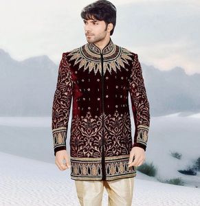 Beautiful Hand Embroidery on Maroon Sherwani & <b>Pant</b> Dress with Embellished Crystal Glass Beads,glass Stone,dabka Work @ 2024 - Product Image 1