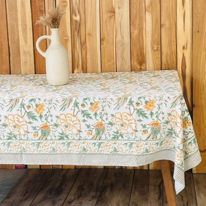 ผ้าปูโต๊ะลายดอกไม้พิมพ์ลายบล็อกสีเขียวและสีส้ม ขอบลายทาง ผ้าปูโต๊ะพิมพ์ลายบล็อกอินเดีย ลดราคาช่วงอีสเตอร์ - Product Image 2