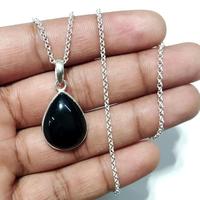 Collier en argent sterling 925 avec onyx noir, pierre précieuse naturelle en forme de poire, design bohème tendance, pendentif unisexe
