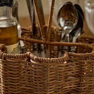 Handwoven Rattan Scalloped Cutlery Caddy Handmade Wicker Flatware Organizer and <b>Utensil</b> <b>Holder</b> for Home Decor and Dining Table - Product Image 5