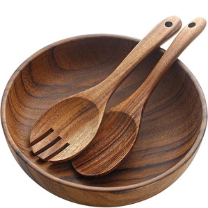 Ensaladera de madera hecha a mano con juego de cuchara y tenedor, cuenco de madera de Acacia Natural, para servir, mezclar, utensilios de cocina rústicos, comedor - Product Image 1