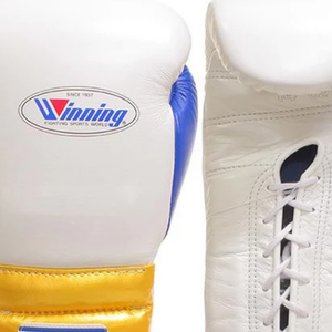 ถุงมือชกมวยแบบผูกเชือก Winning สีขาว น้ำเงิน ทอง หนังแท้คุณภาพพรีเมียม สำหรับฝึกซ้อมและแข่งขันระดับมืออาชีพ คุณภาพระดับอีลิท - Product Image 3
